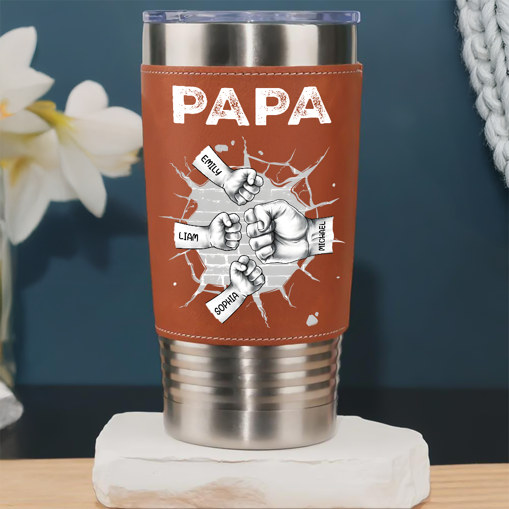 Personalized Leather Tumbler Custom Kids Names Gift for Dad Print Leatherette Tumbler 20oz GradoCreations