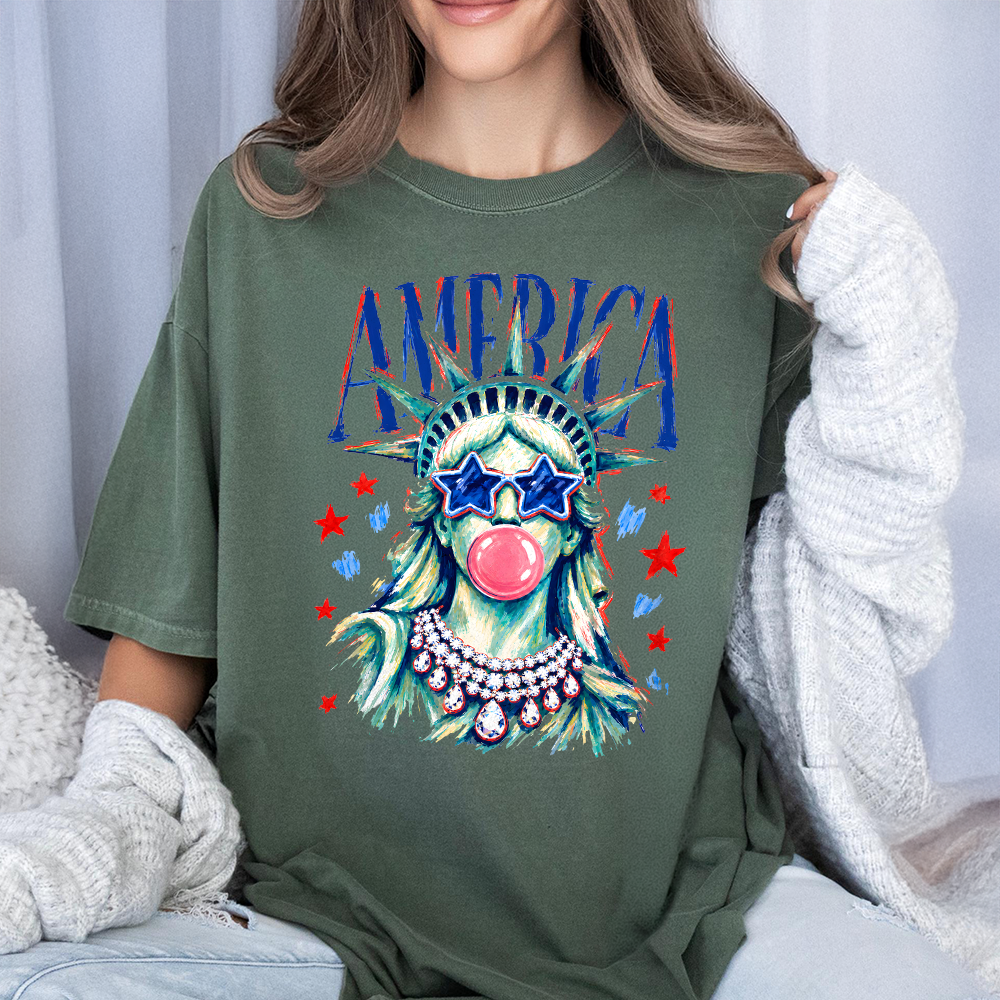 Personalized 4th of July Comfort Shirt with Statue of Liberty Comfort Shirt GradoCreations