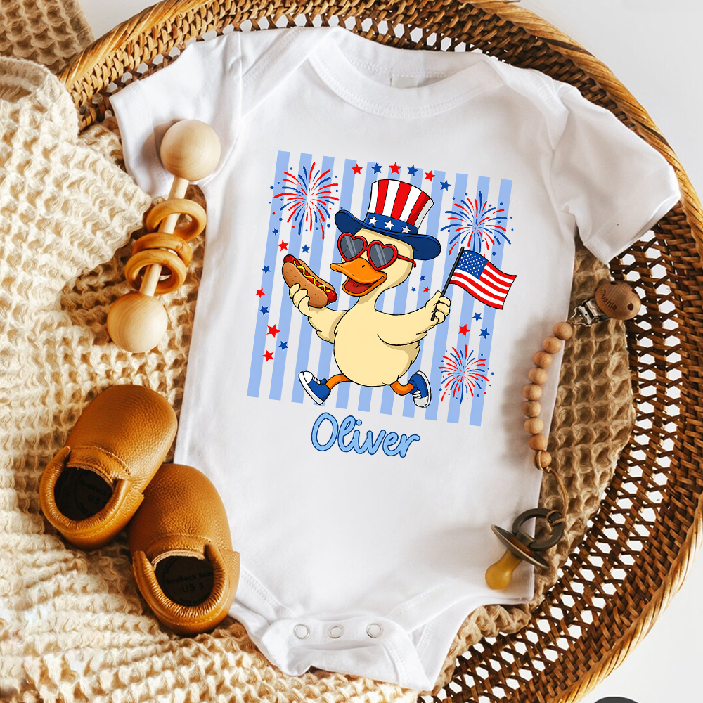 Personalized Patriotic Duck Baby Onesie Gift for 4th of July HN590 - Baby Shirt GradoCreations