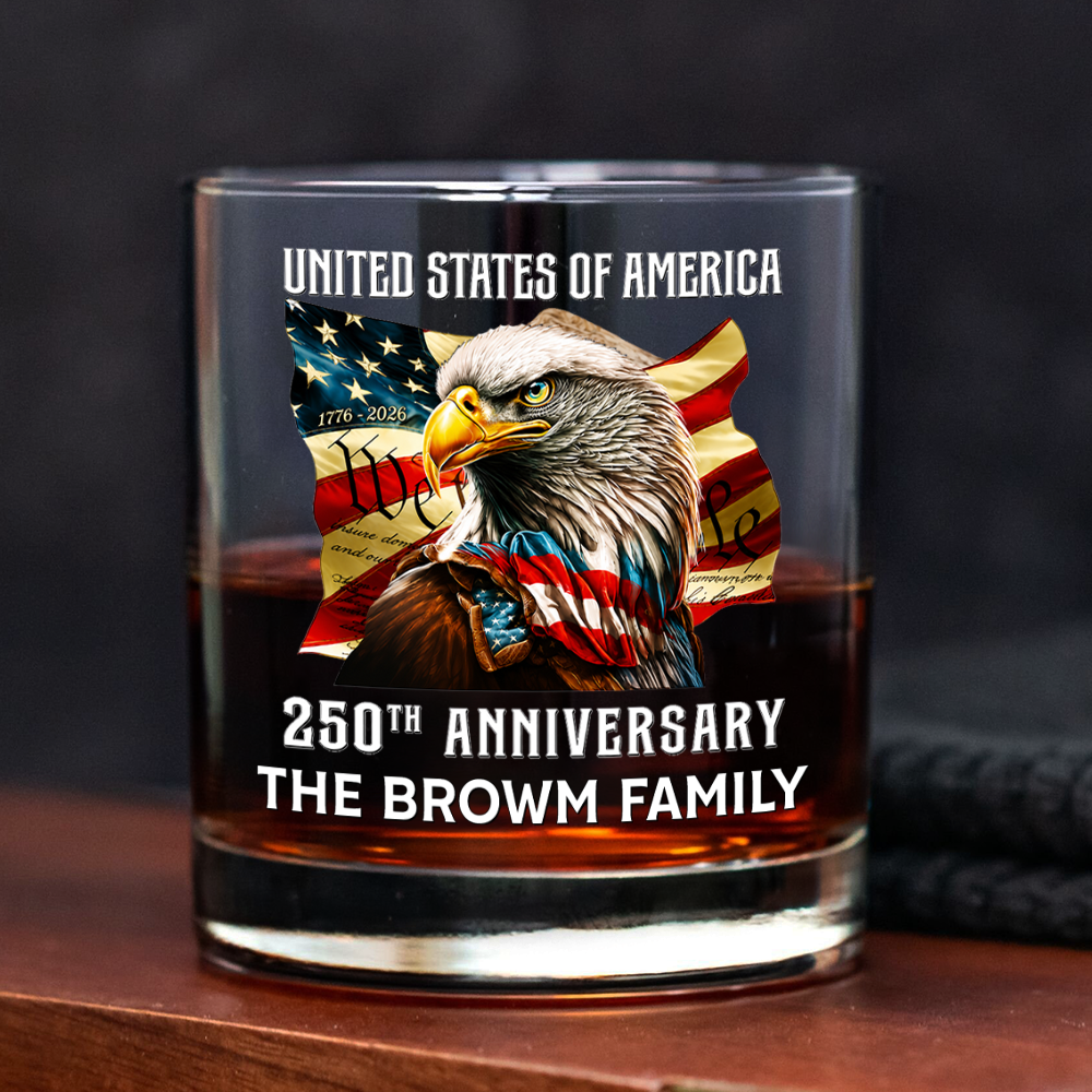 Personalized Family Name Whiskey Glass Patriotic Eagle 250th Anniversary Gift HN590 - Print Rock Glass GradoCreations