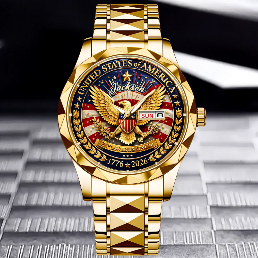 Personalized Men's Gold Eagle American Flag Watch - Gift for Dad, Patriots