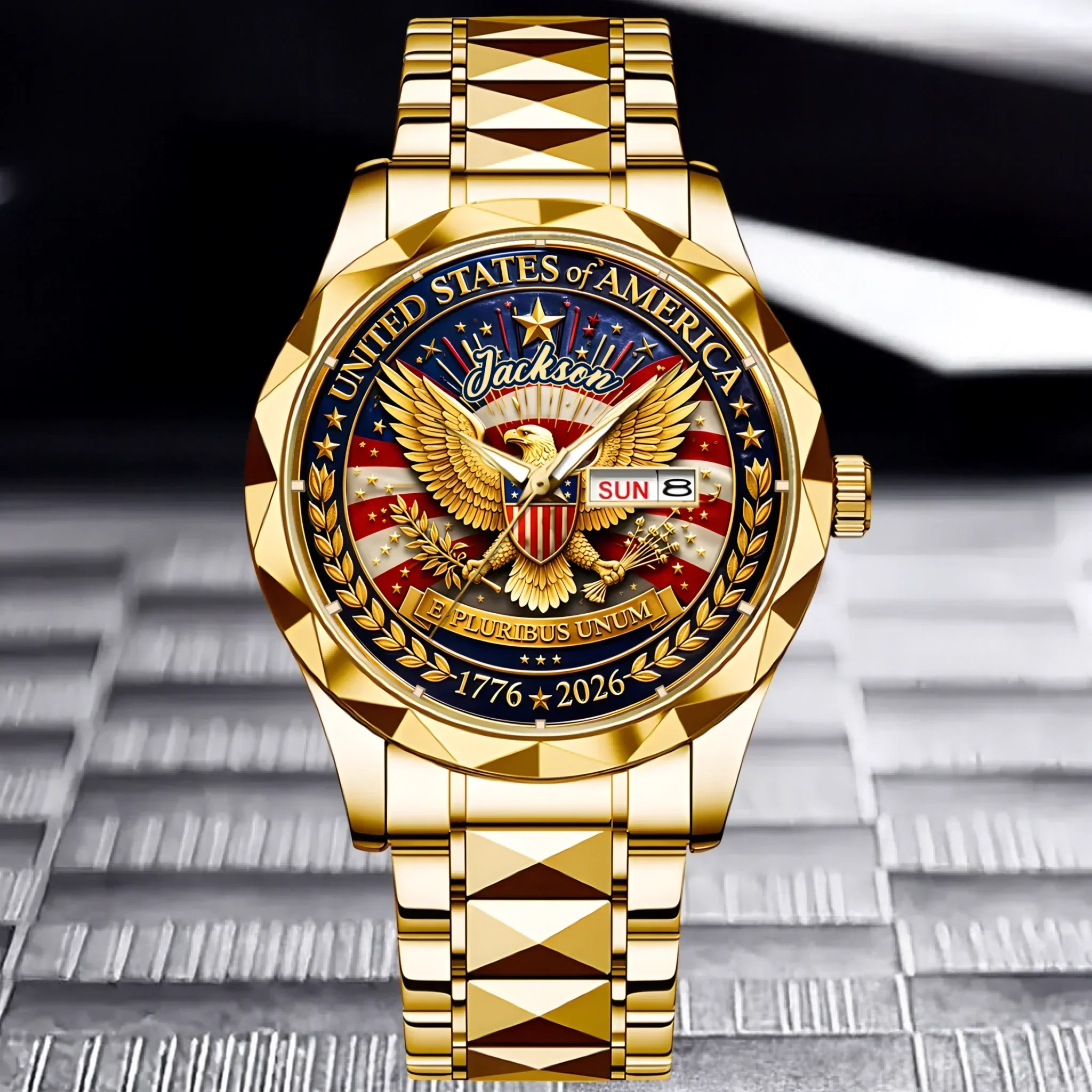 Personalized Men's Gold Eagle American Flag Watch - Gift for Dad, Patriots