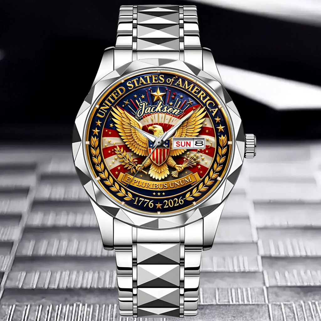 Personalized Men's Gold Eagle American Flag Watch - Gift for Dad, Patriots