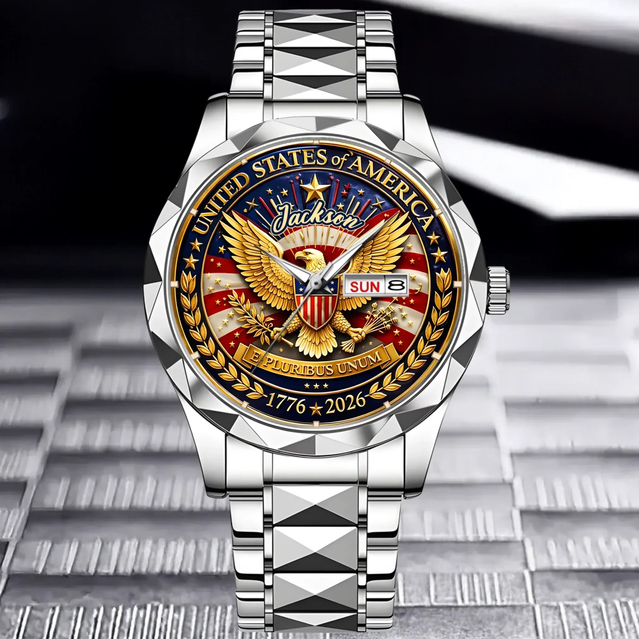 Personalized Men's Gold Eagle American Flag Watch - Gift for Dad, Patriots