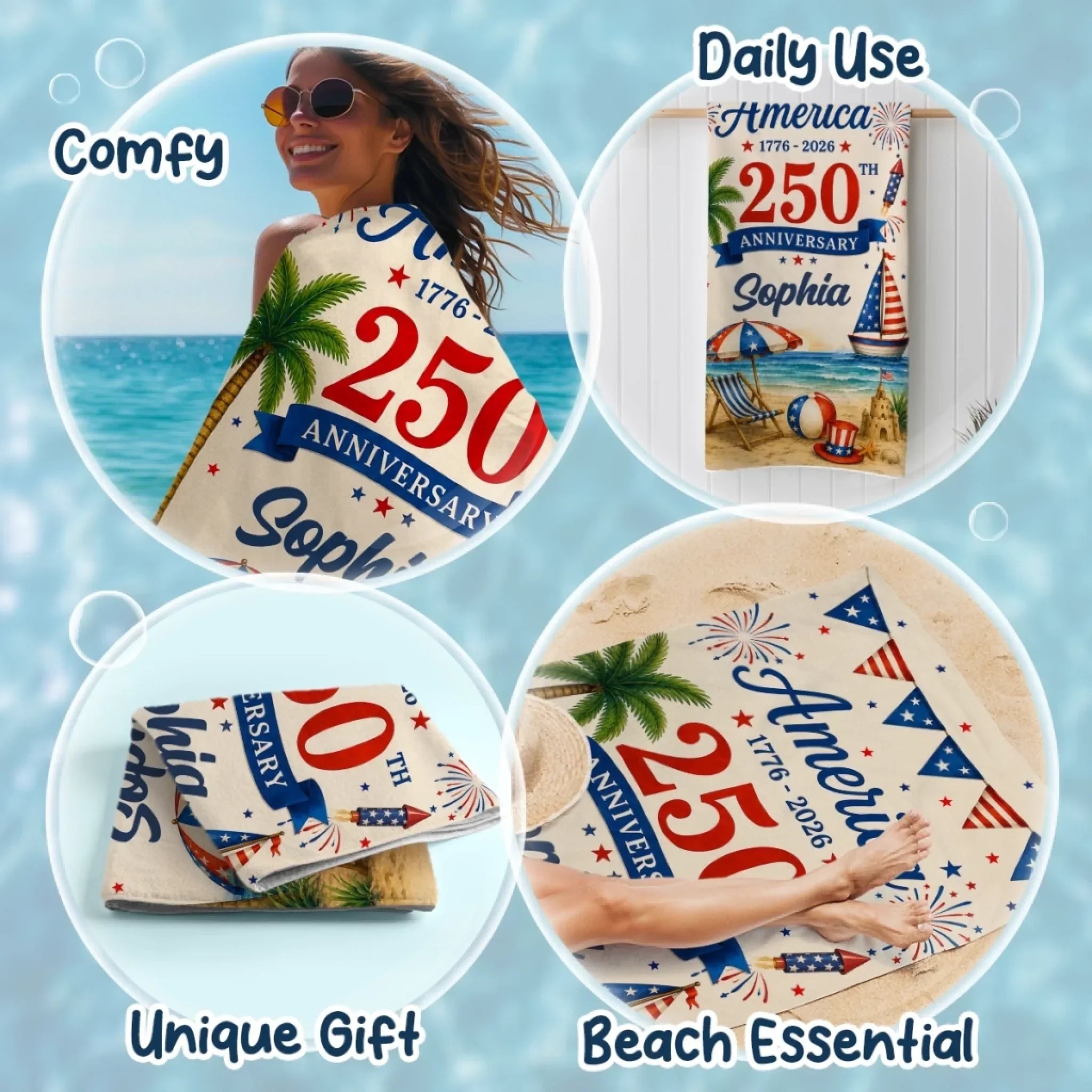 Personalized Beach Towel America 250th Anniversary Gift for Patriots