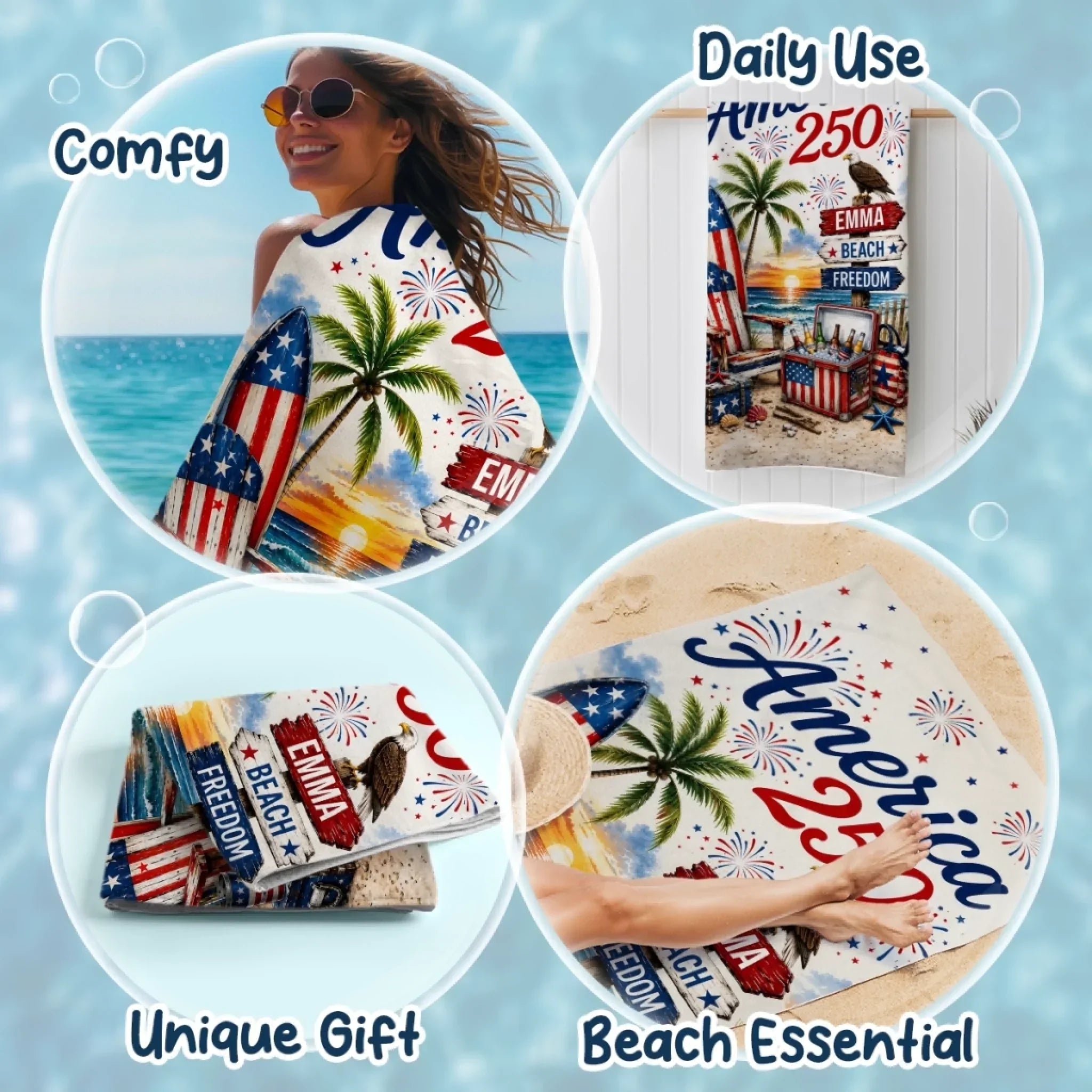 Personalized America 250th Anniversary Beach Towel Gift for Patriots