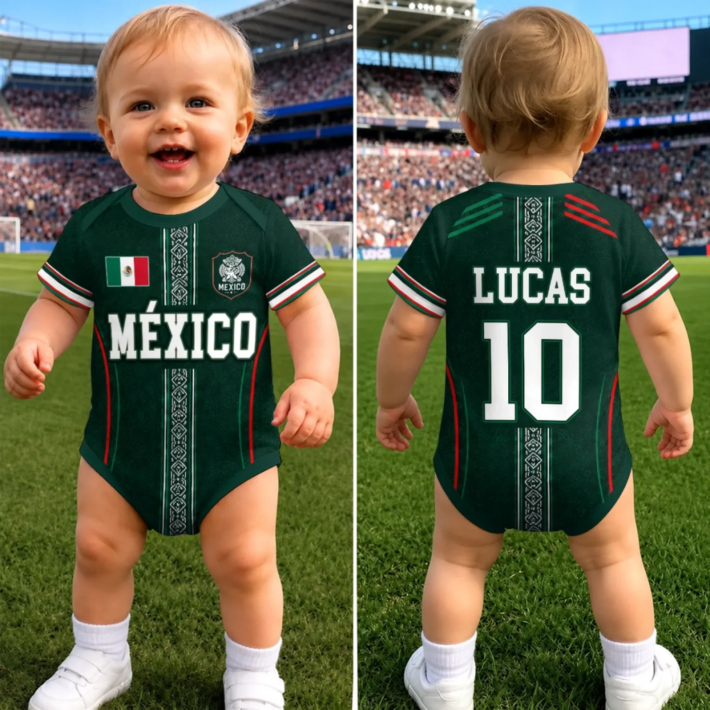 Personalized Mexican Soccer Baby Jersey Bodysuit Custom Name & Number Gift for New Parents