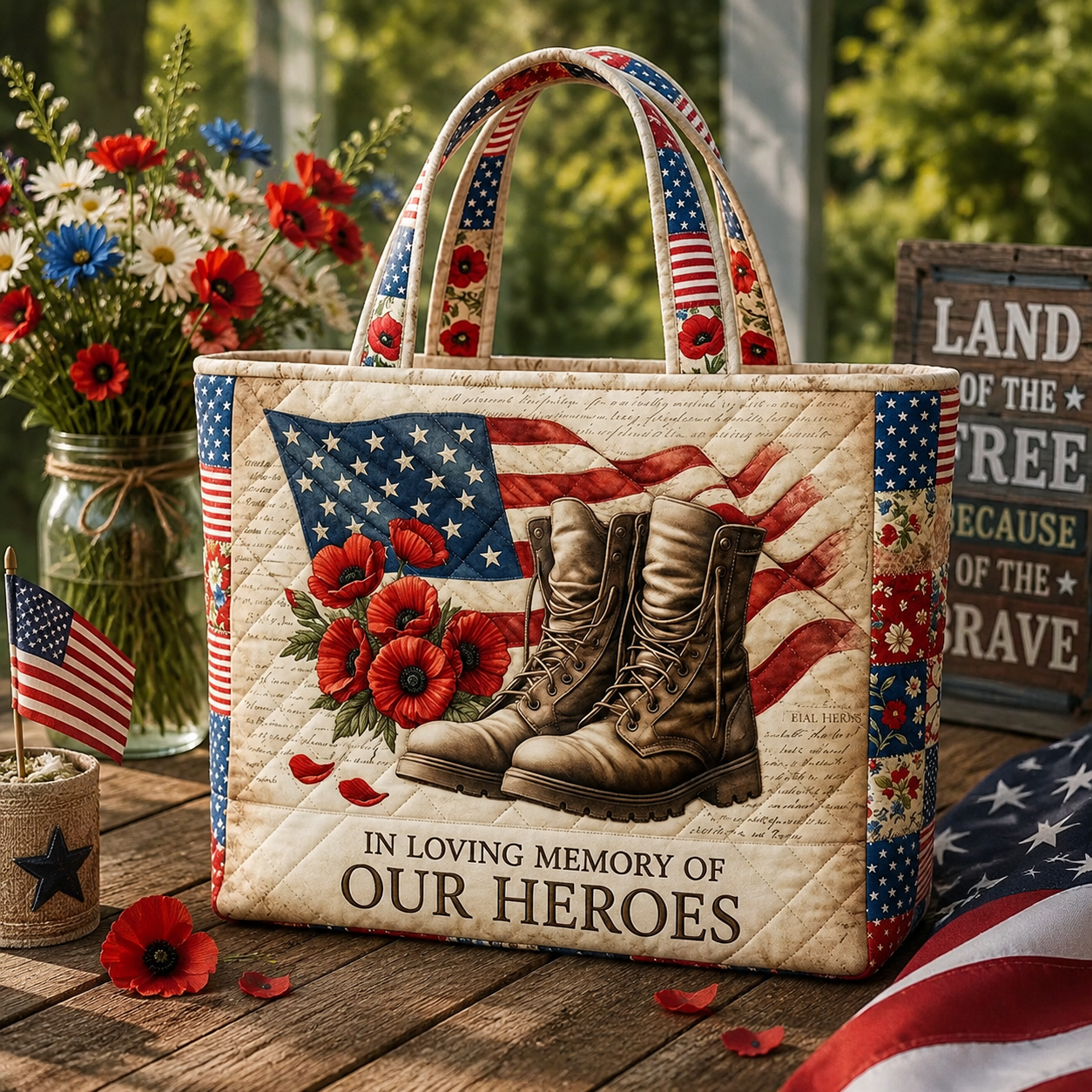 American Flag Memorial Quilted Tote Bag for Veterans Gift
