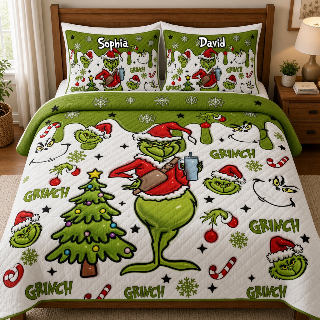Personalized Grinch Christmas Bedding Set Custom Names Gift Quilted Bedding Set GradoCreations
