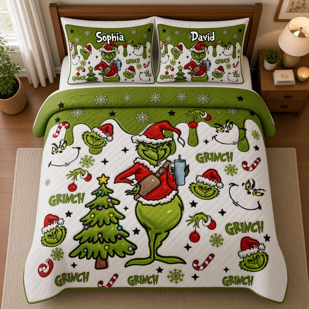 Personalized Grinch Christmas Bedding Set Custom Names Gift Quilted Bedding Set GradoCreations