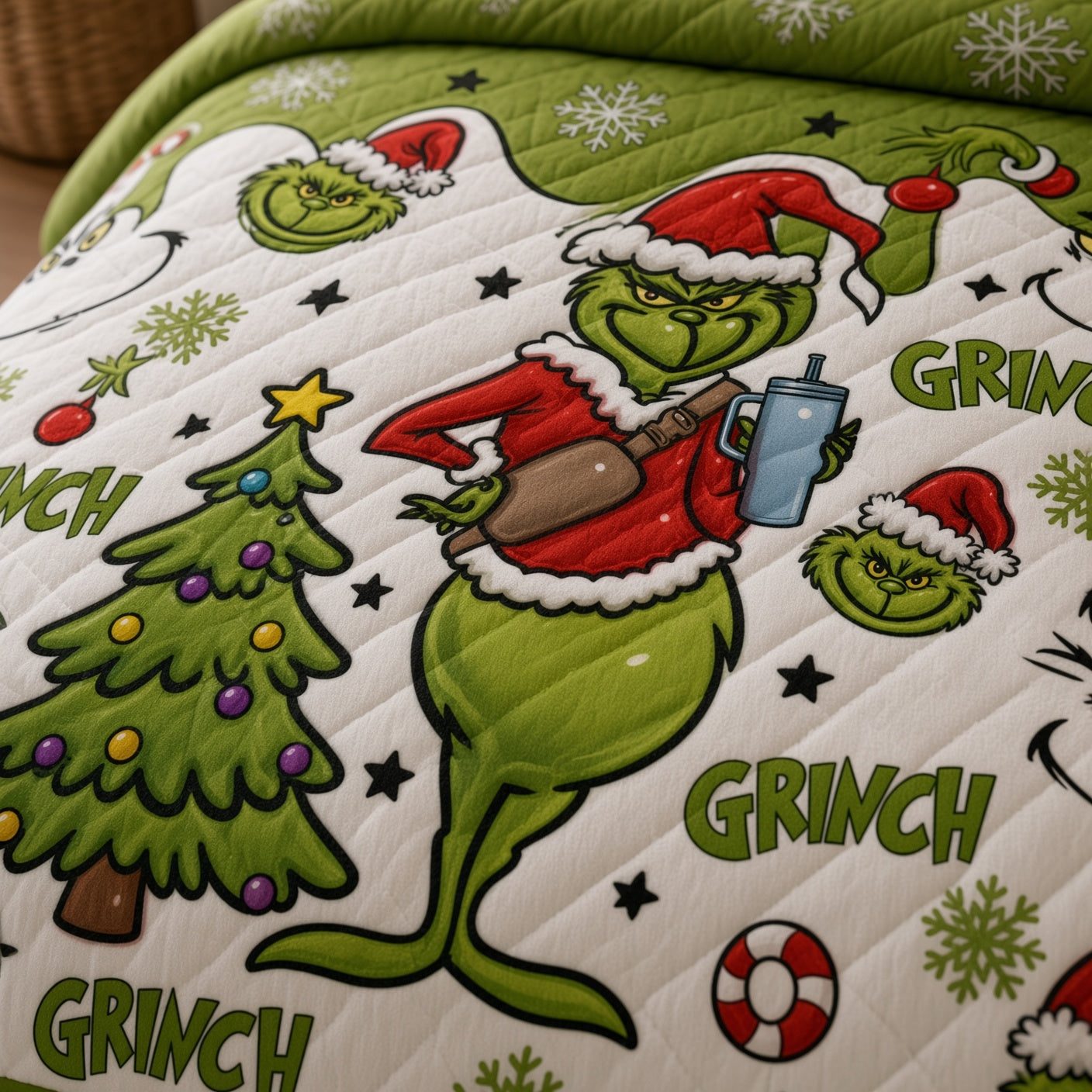 Personalized Grinch Christmas Bedding Set Custom Names Gift Quilted Bedding Set GradoCreations