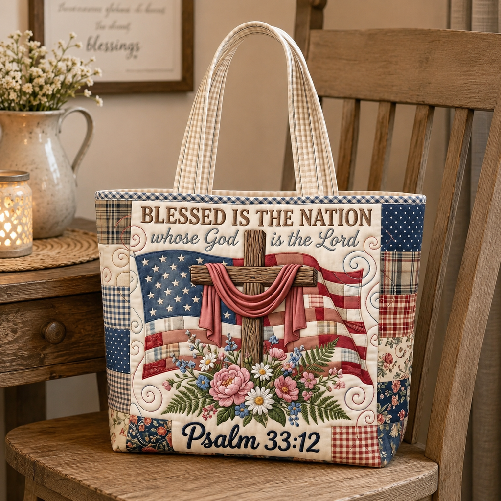Patriotic Quilted Tote Bag with Psalm 33:12 Gift for Her