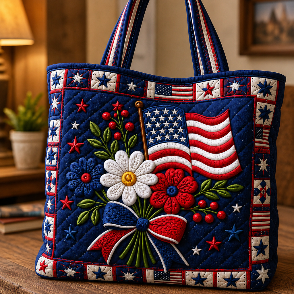 Patriotic Floral Quilted Tote Bag American Flag Gift for Her
