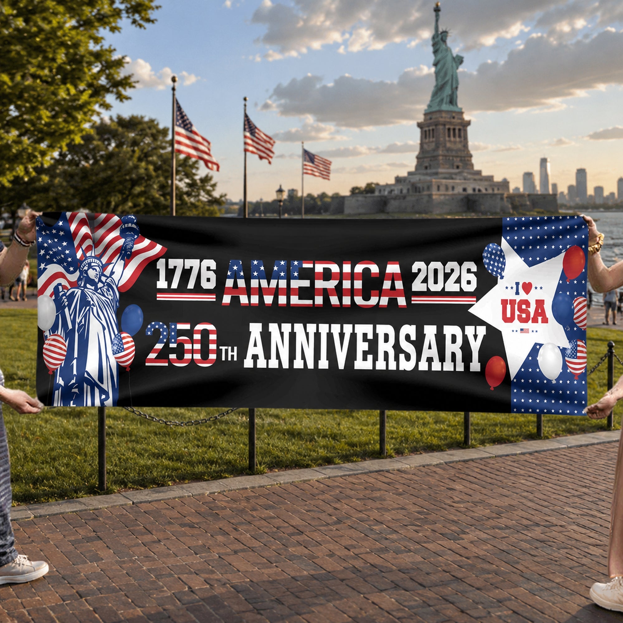 Personalized 250th Anniversary American Party Banner with Statue of Liberty HN590 - Banner GradoCreations