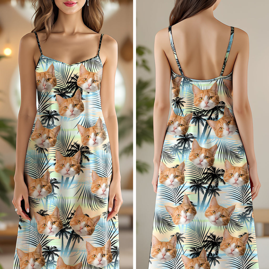 Custom Cat Photo Cami Maxi Dress Personalized Gift for Cat Mom HN590 - Women's V-Neck Cami Maxi Dress GradoCreations