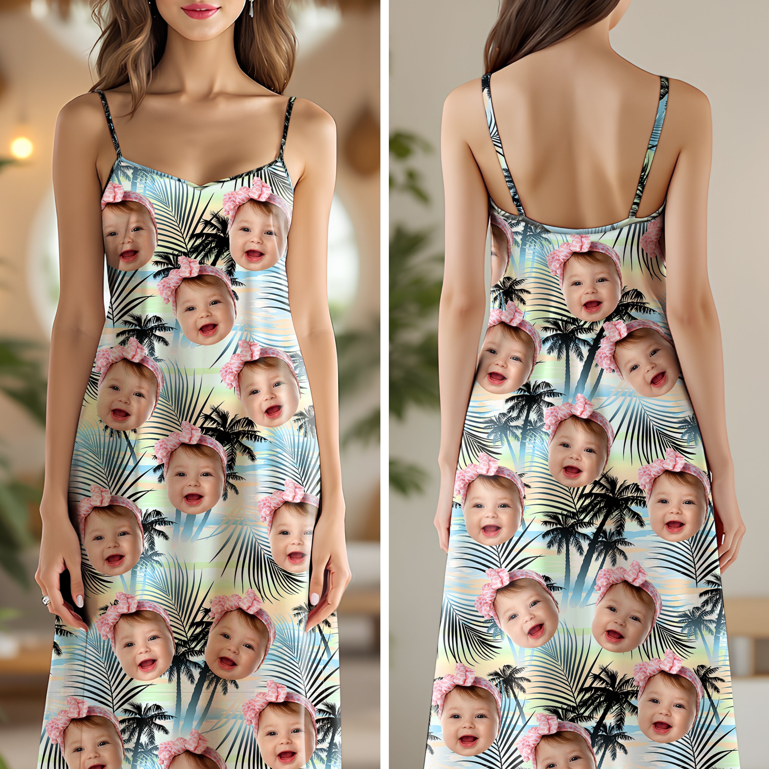 Personalized Tropical Summer Maxi Dress Custom Photo Gift for Mom HN590 - Women's V-Neck Cami Maxi Dress GradoCreations