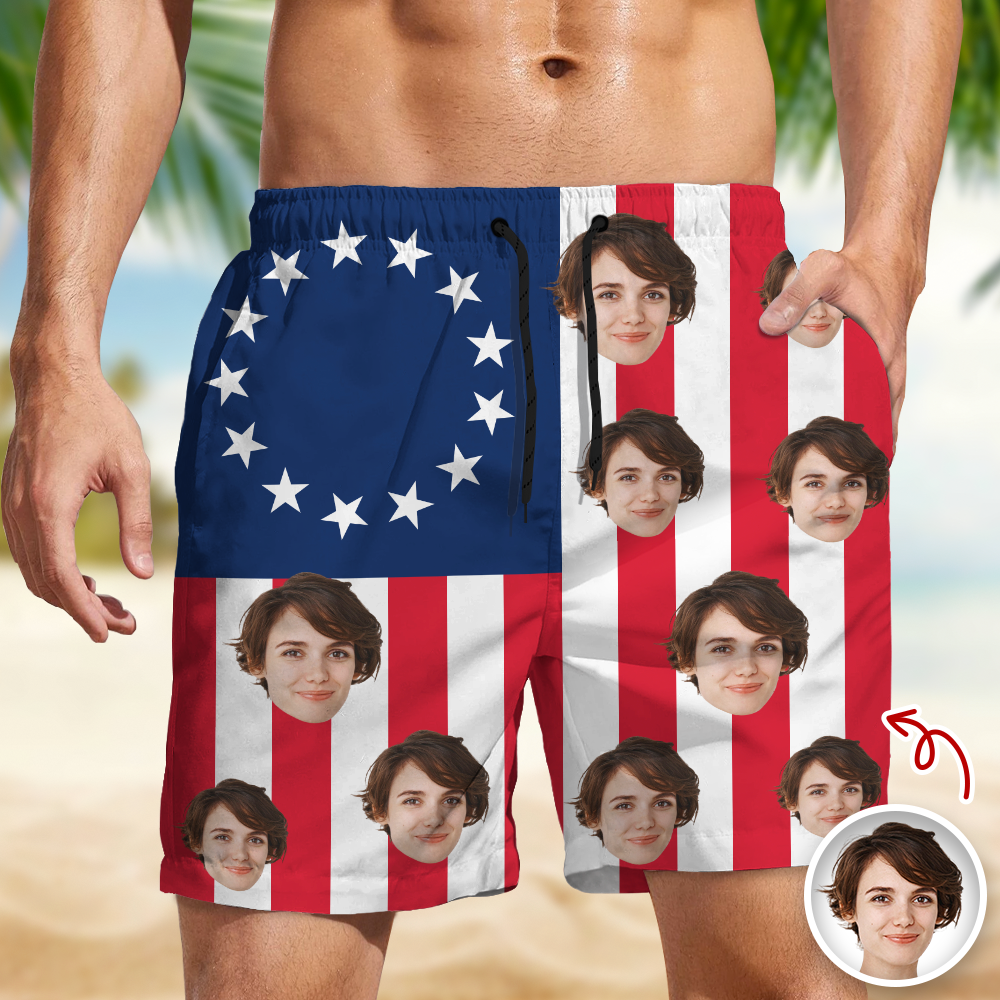 Personalized Funny Face American Flag Beach Shorts Gift for Dad HN590 - Beach-Shorts GradoCreations