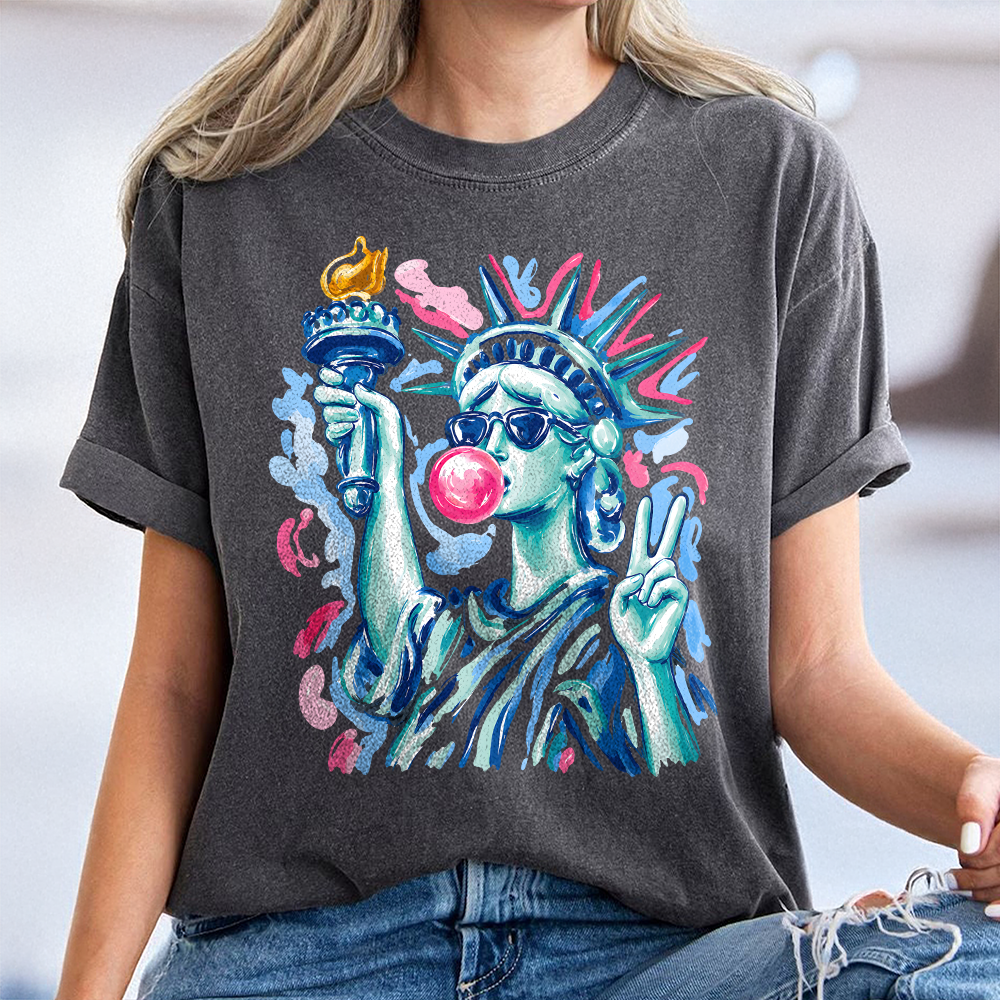 Personalized 4th of July Comfort Shirt with Statue of Liberty Comfort Shirt GradoCreations