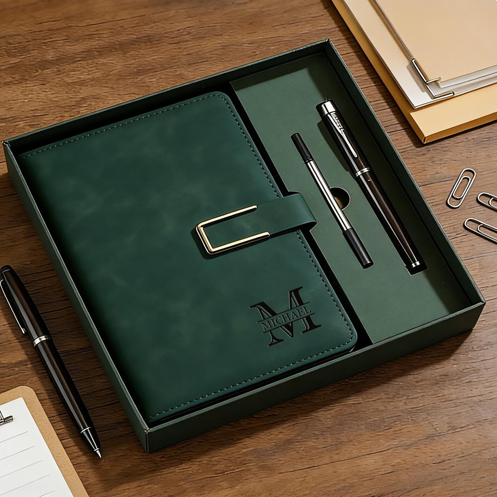 Personalized Engraved Leather Notebook Set with Pen Gift for Dad HN590 - Engraved Leather Notebook FIX GradoCreations