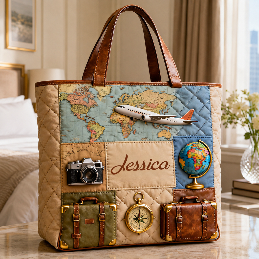 Personalized Quilted Tote Bag Travel Map and Airplane Gift for Travelers
