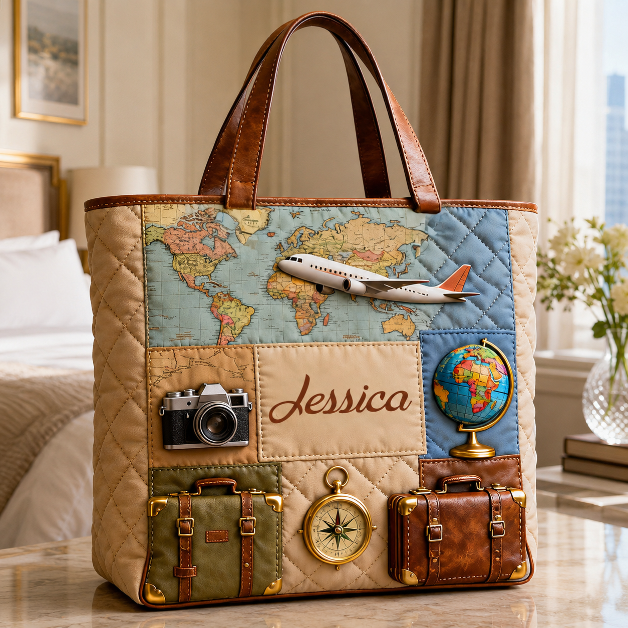 Personalized Quilted Tote Bag Travel Map and Airplane Gift for Travelers