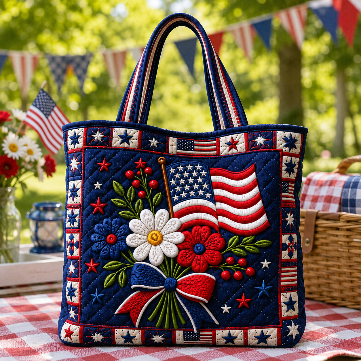 Patriotic Floral Quilted Tote Bag American Flag Gift for Her