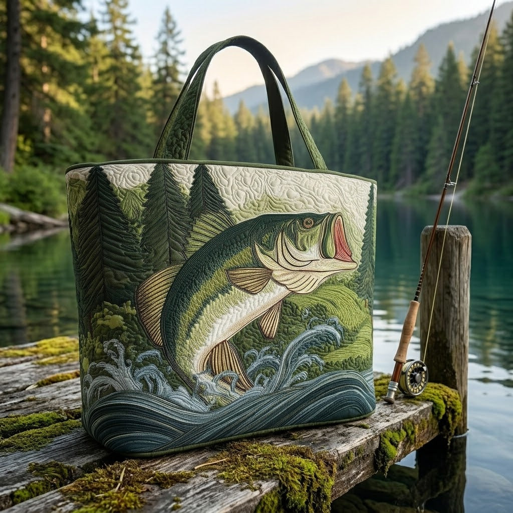 Personalized Quilted Tote Bag with Bass Fish Design - Gift for Fishing Lovers