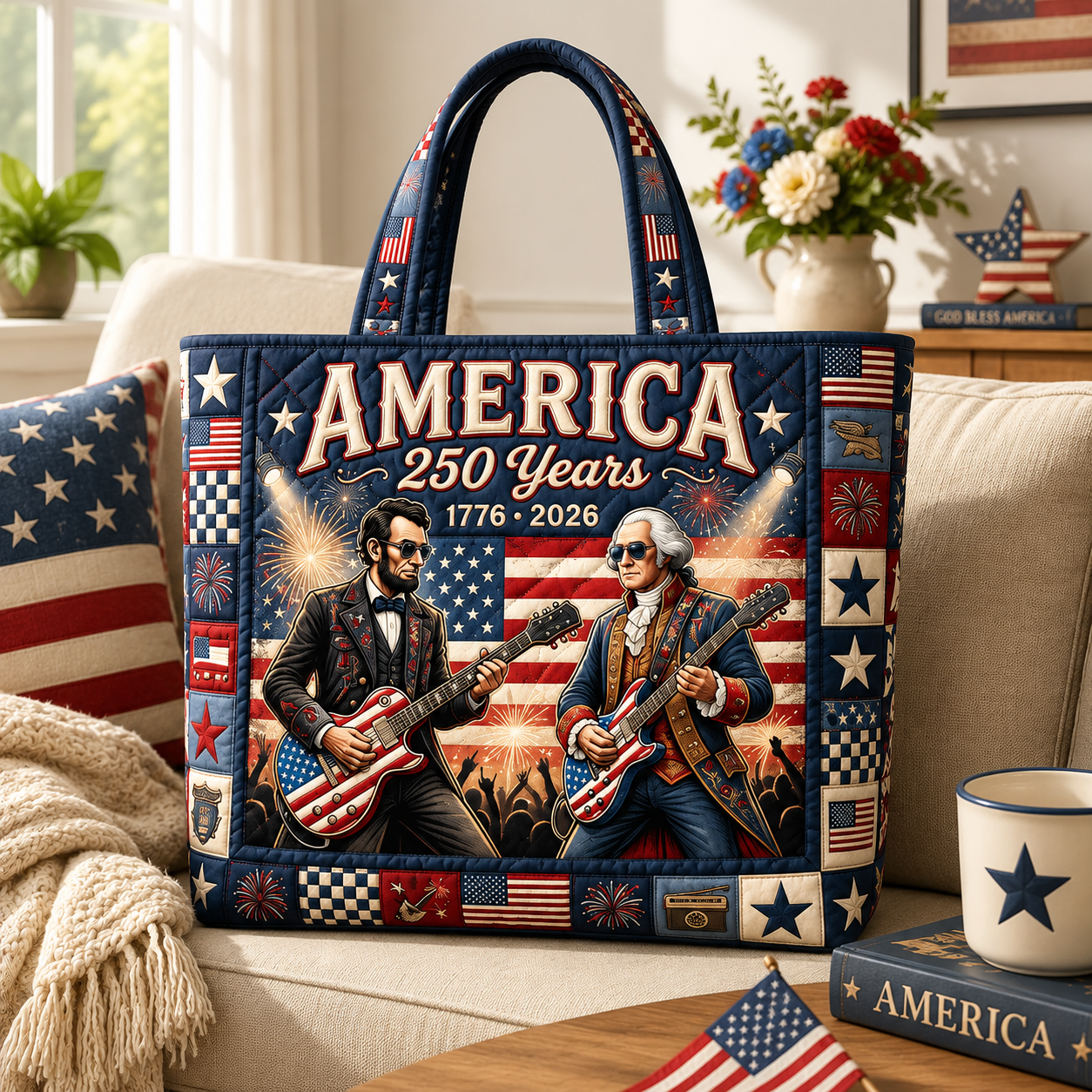 America 250 Years Freedom Guitar Quilted Tote Bag for Patriots