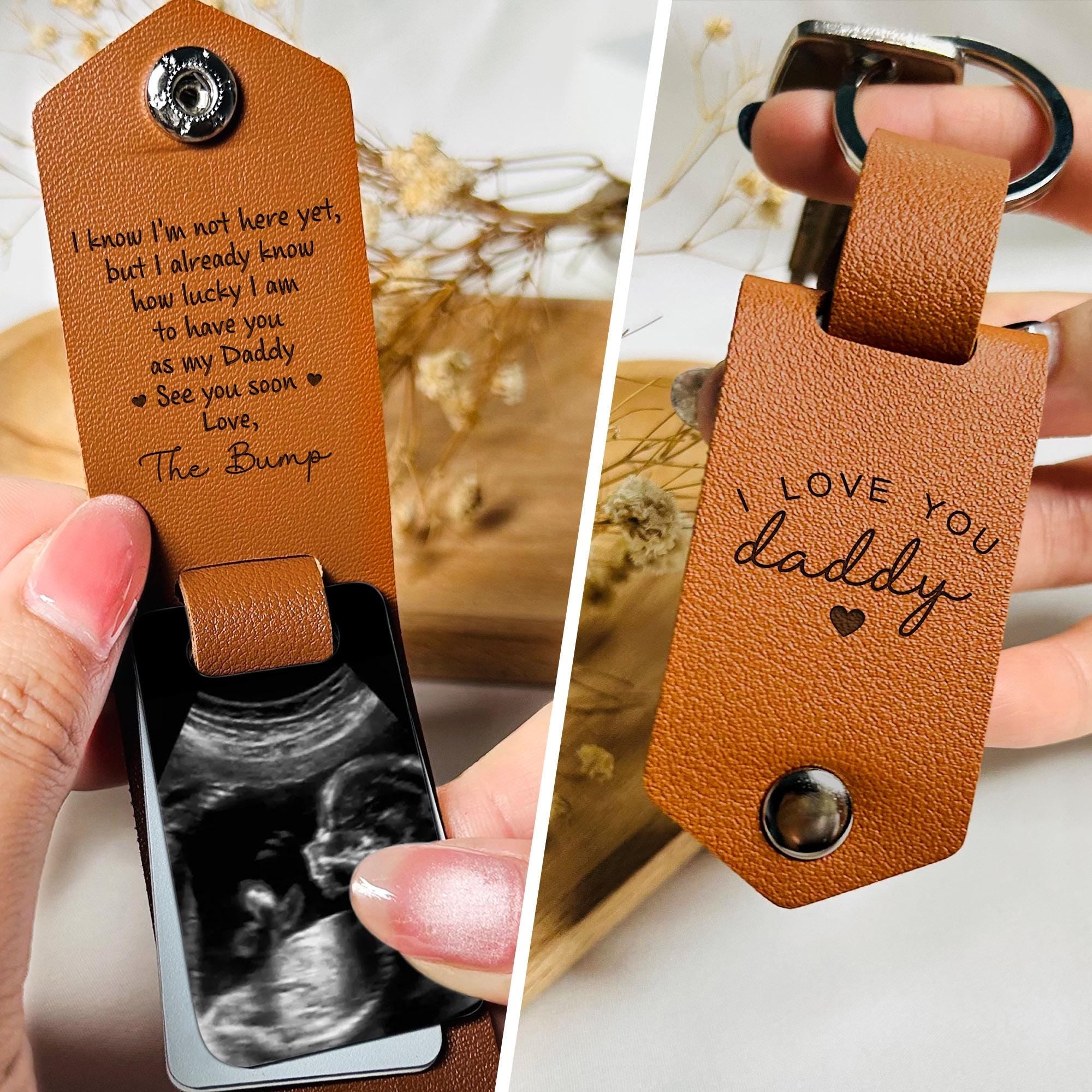 Personalized Baby Ultrasound Photo Leather Keychain Gift for New Dad HN590 - Leather Keychain fix GradoCreations