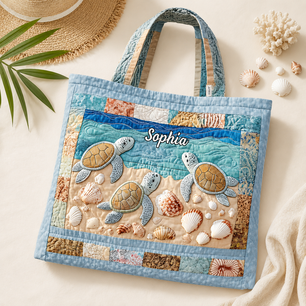 Personalized Quilted Tote Bag with Turtle Design Gift for Her