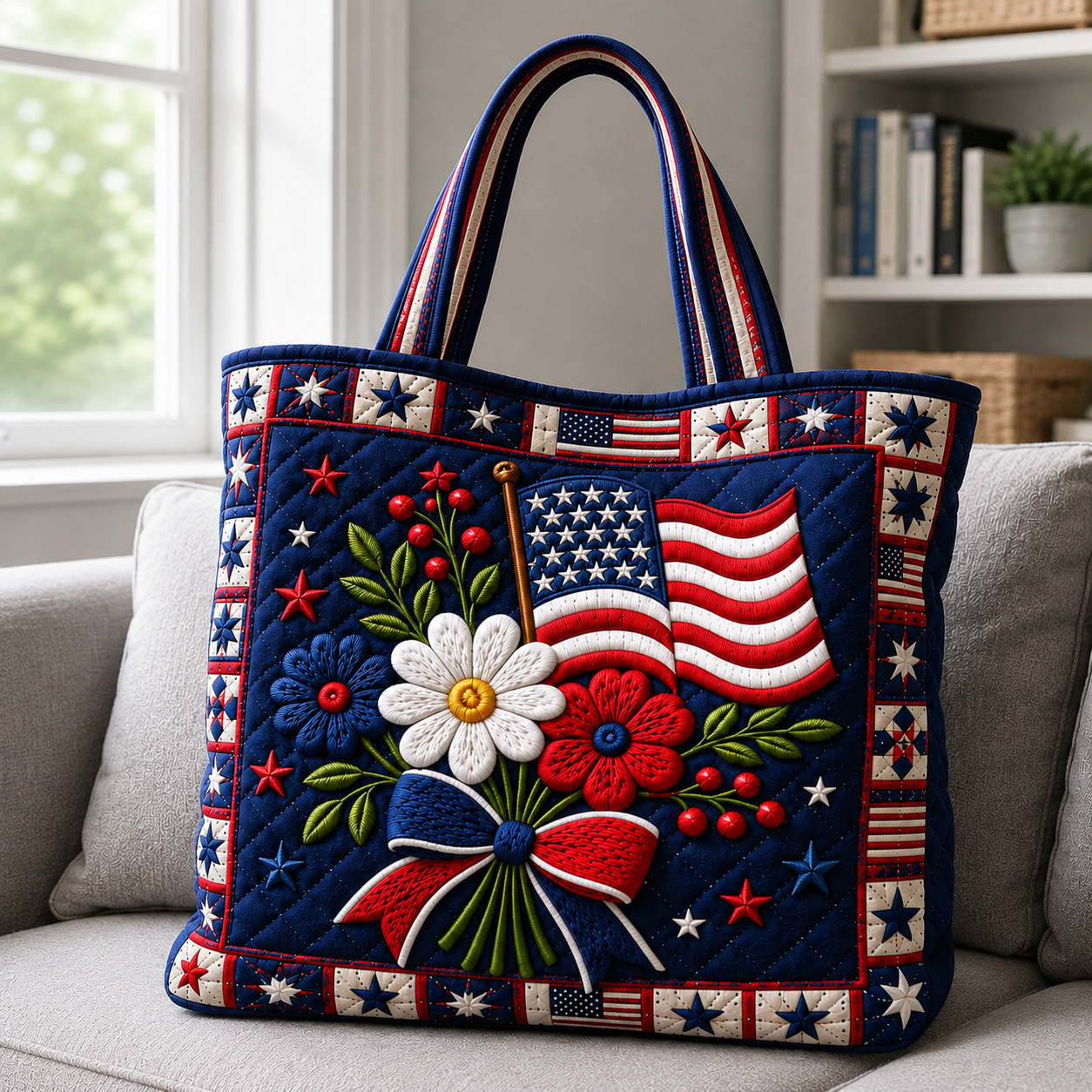 Patriotic Floral Quilted Tote Bag American Flag Gift for Her