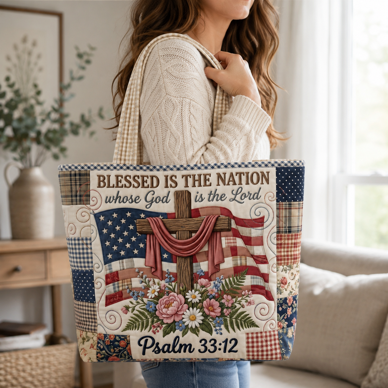 Patriotic Quilted Tote Bag with Psalm 33:12 Gift for Her
