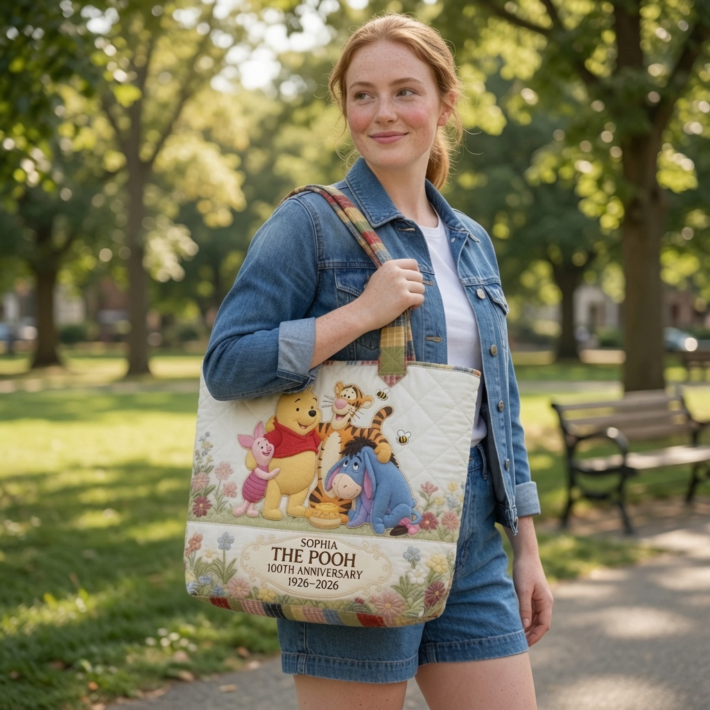 Personalized Quilted Tote Bag Disney Winnie the Pooh Anniversary Gift for Movie Fans