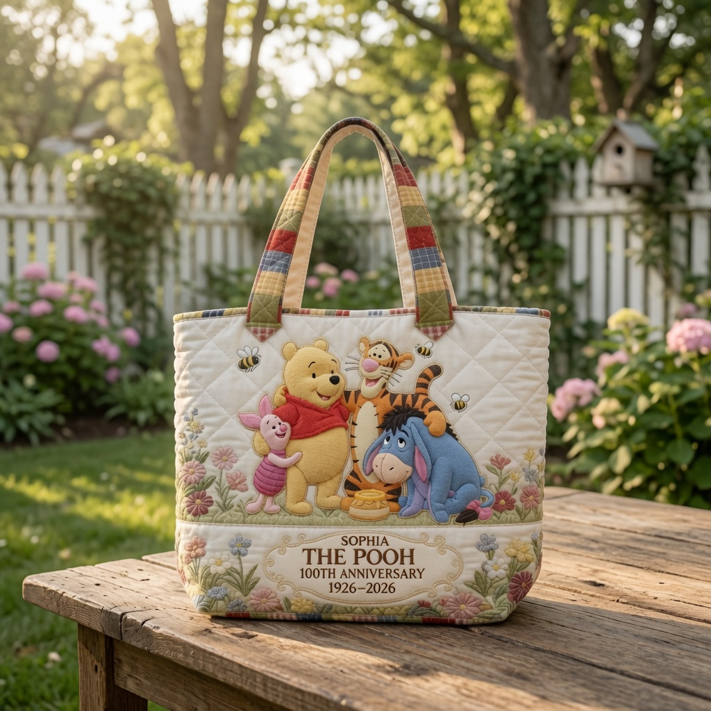 Personalized Quilted Tote Bag Disney Winnie the Pooh Anniversary Gift for Movie Fans