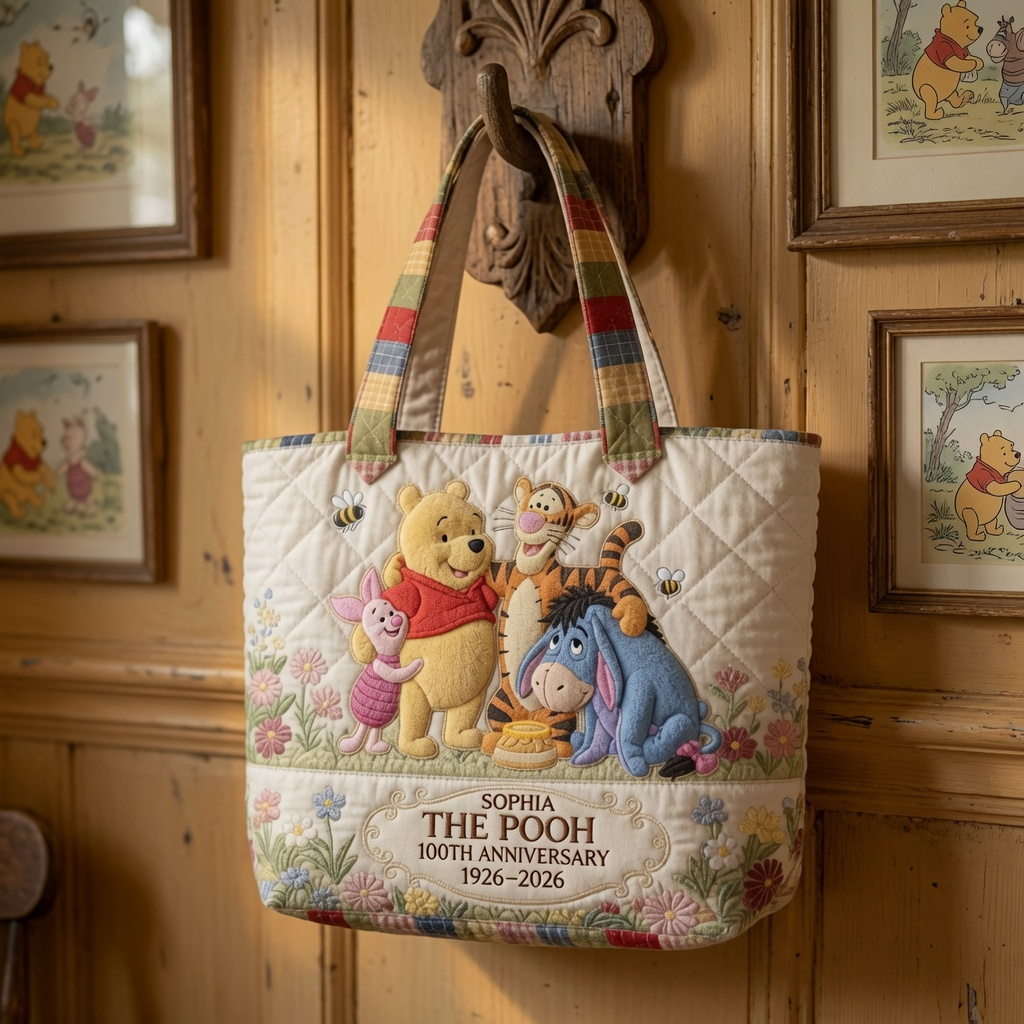 Personalized Quilted Tote Bag Disney Winnie the Pooh Anniversary Gift for Movie Fans