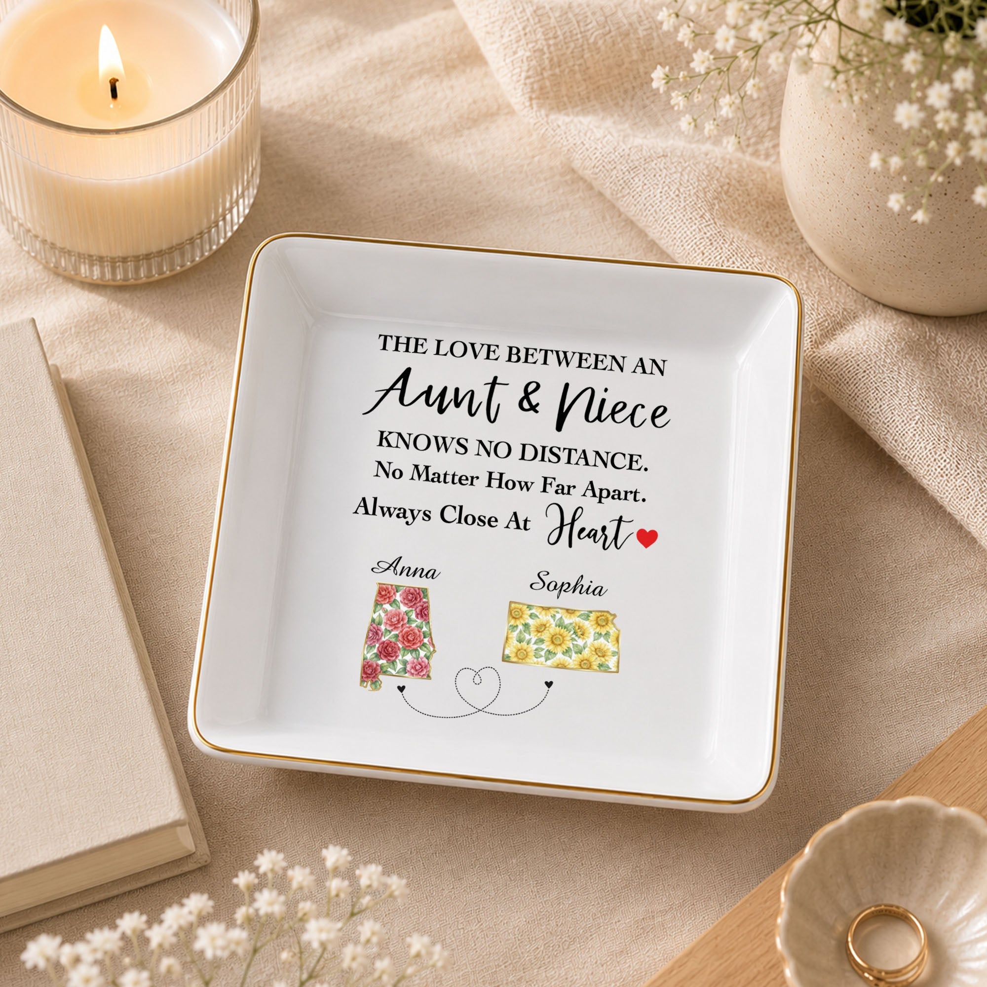 Personalized Square Ceramic Jewelry Dish Custom State Art Gift for Aunt Jewelry Dish GradoCreations