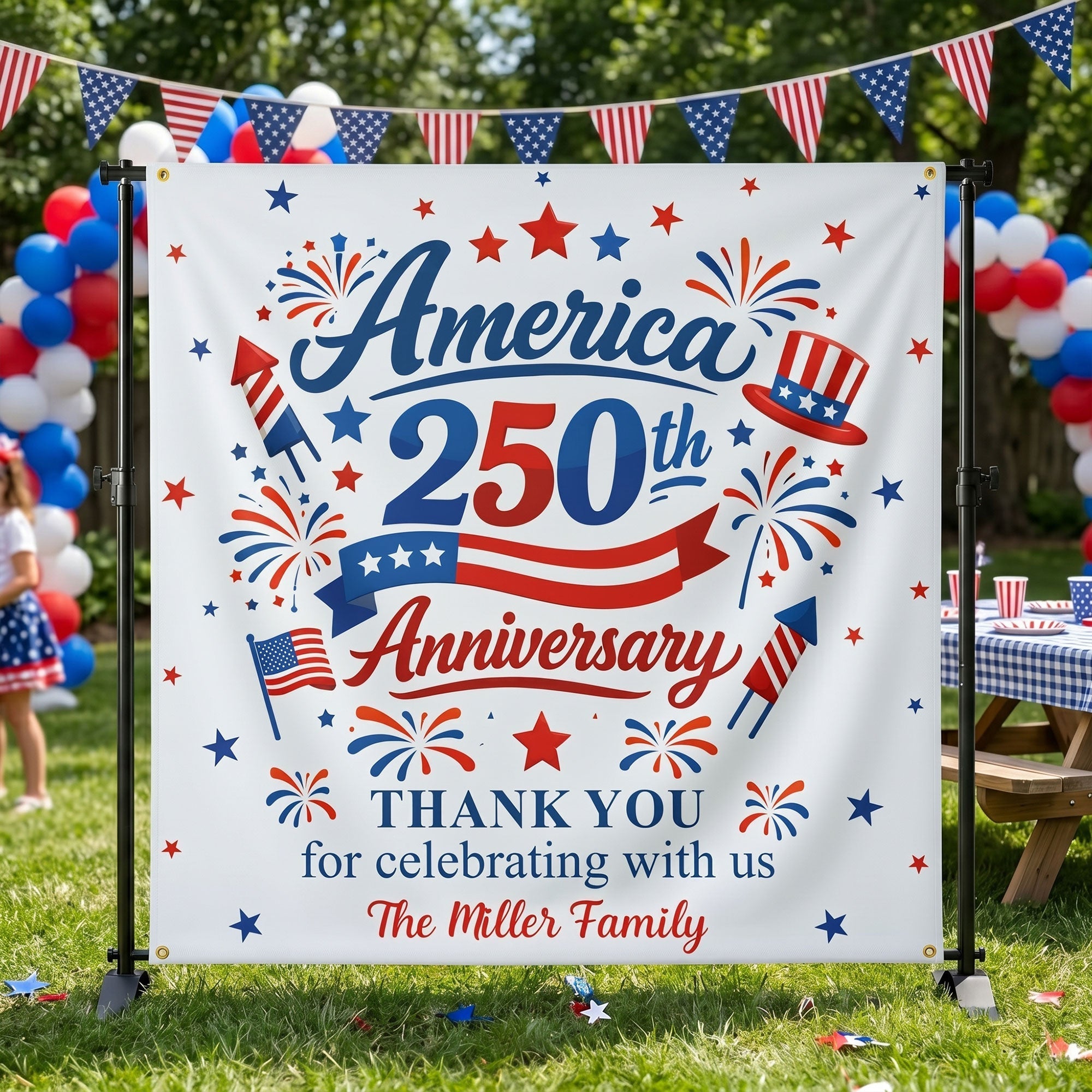 Personalized America 250th Anniversary Backdrop Banner for Family Celebration