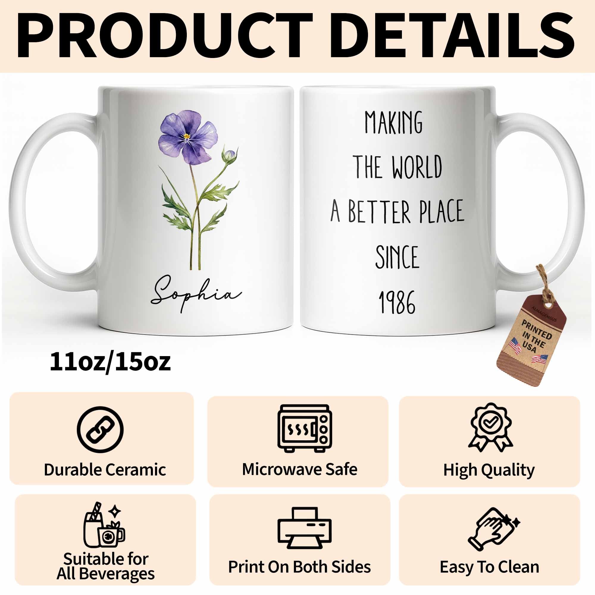 Personalized Flower Birth Month Coffee Mug Custom Gift for Mom Edge-to-edge Mug GradoCreations