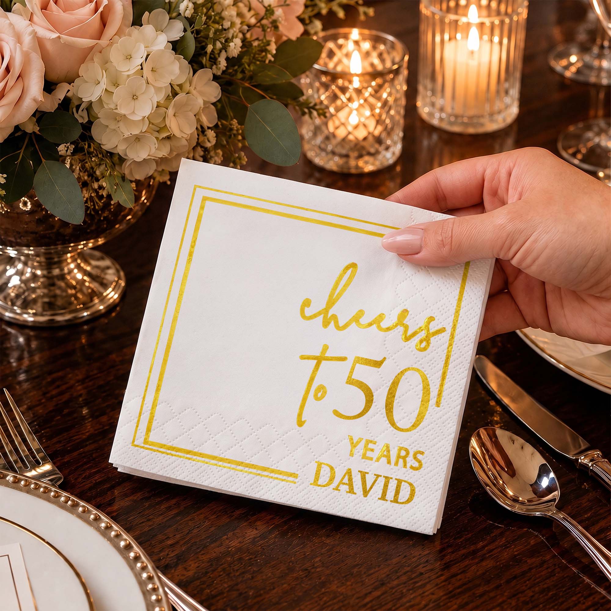 Personalized Cocktail Napkins Elegant Gold Design Custom Name Gift for Birthday Cocktail Napkins GradoCreations