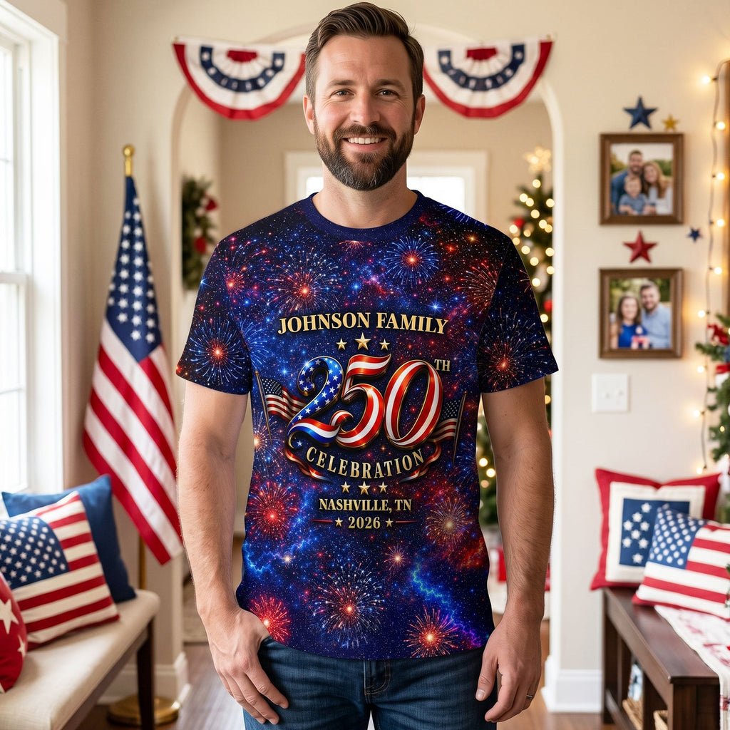 Personalized 250th Celebration AOP T-Shirt for Family | Patriotic Gift