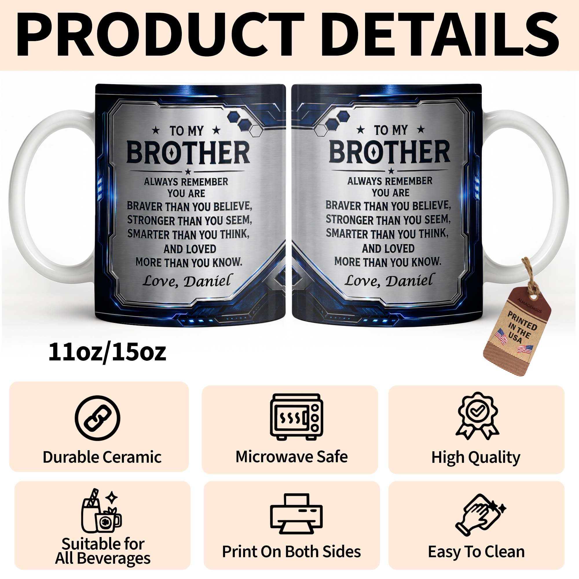 Personalized Coffee Mug for Brother Custom Message Gift Edge-to-edge Mug GradoCreations
