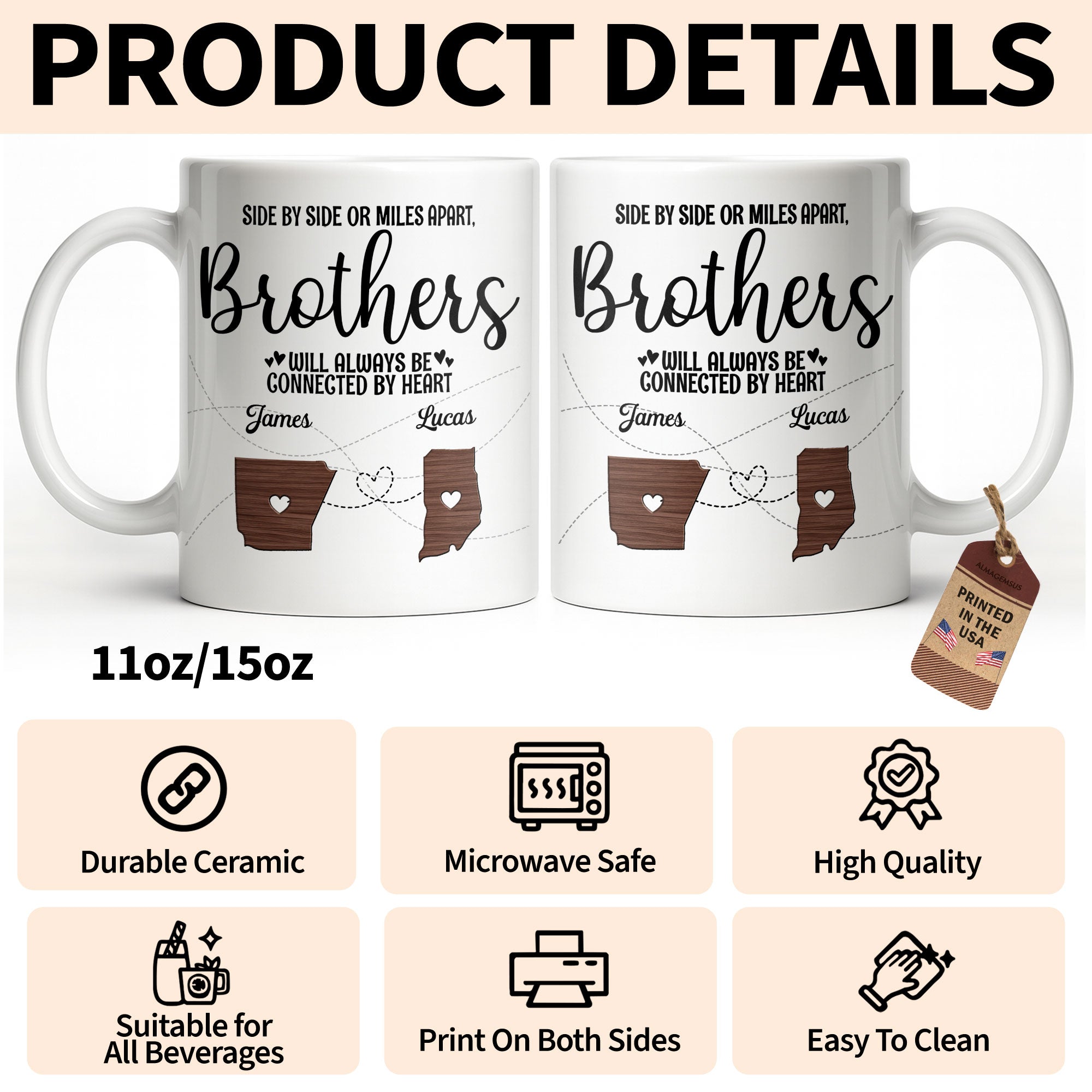 Personalized Heart Connection Mug Custom Gift for Brother Edge-to-edge Mug GradoCreations