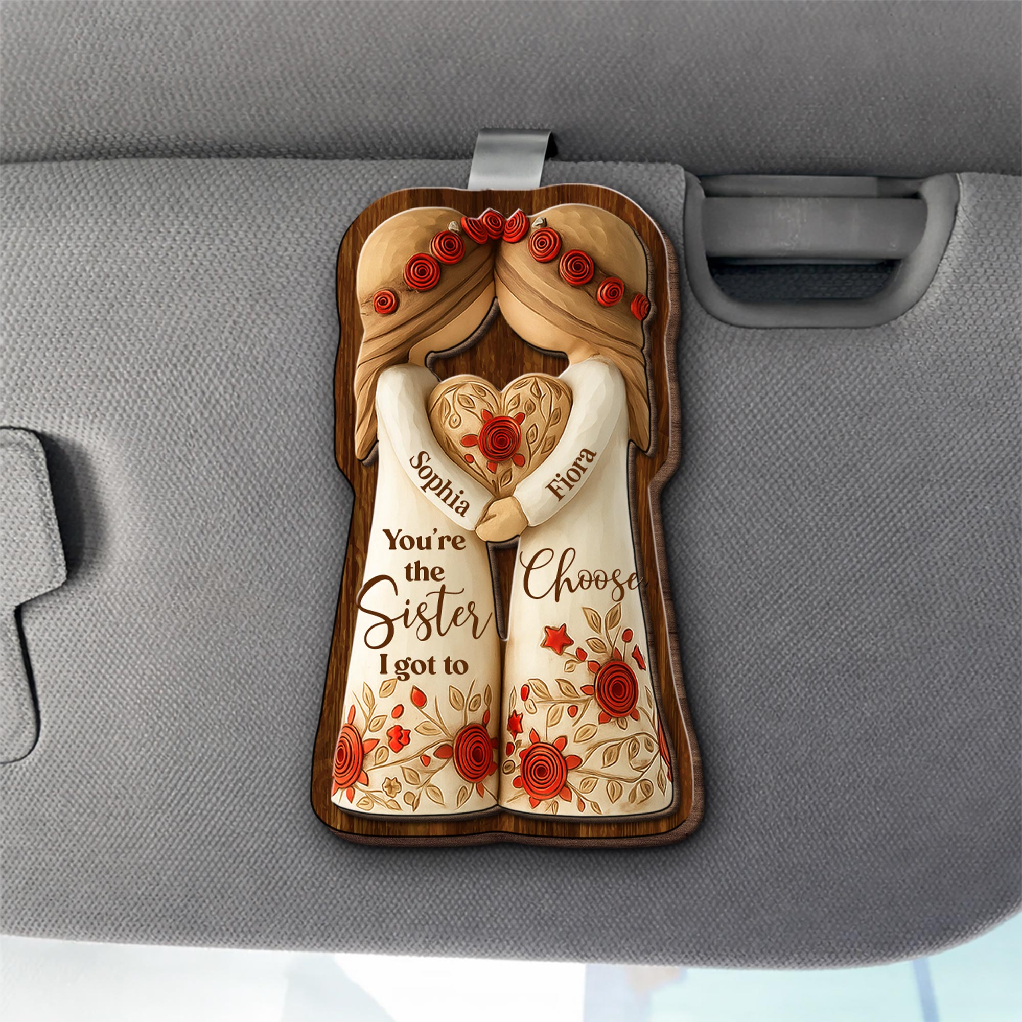 Personalized Car Visor Clip Gift for Sisters Holding Heart Flowers Car Visor Clip GradoCreations