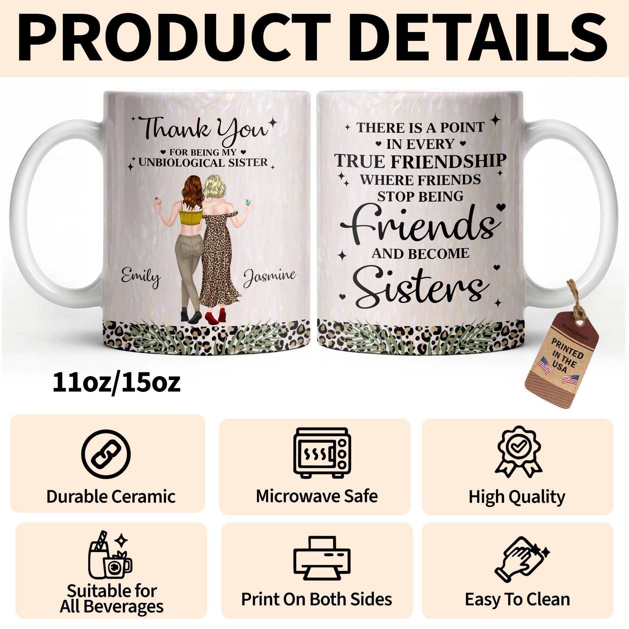Personalized Leopard Print Coffee Mug Best Friend Gift for BFF Edge-to-edge Mug GradoCreations