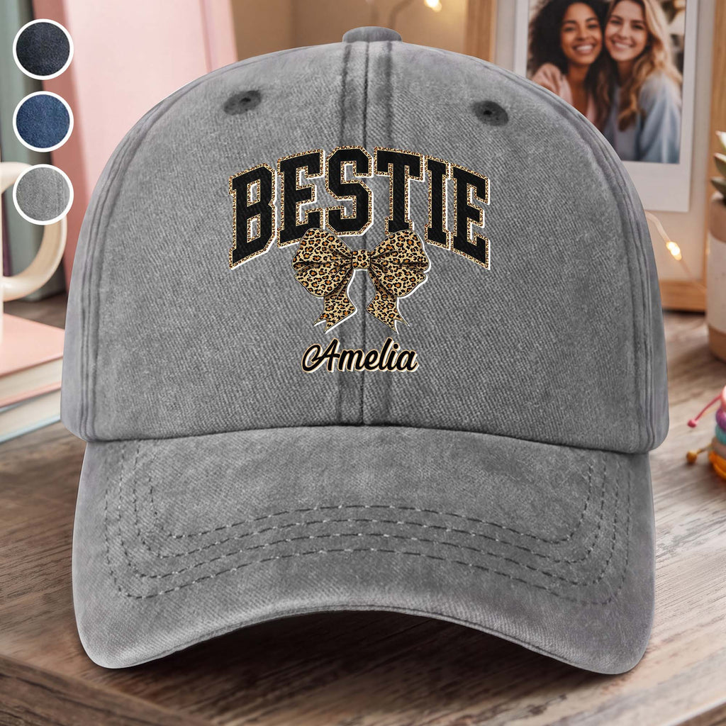 Personalized Leopard Print Bow Washed Denim Cap for Besties Washed Denim Cap GradoCreations
