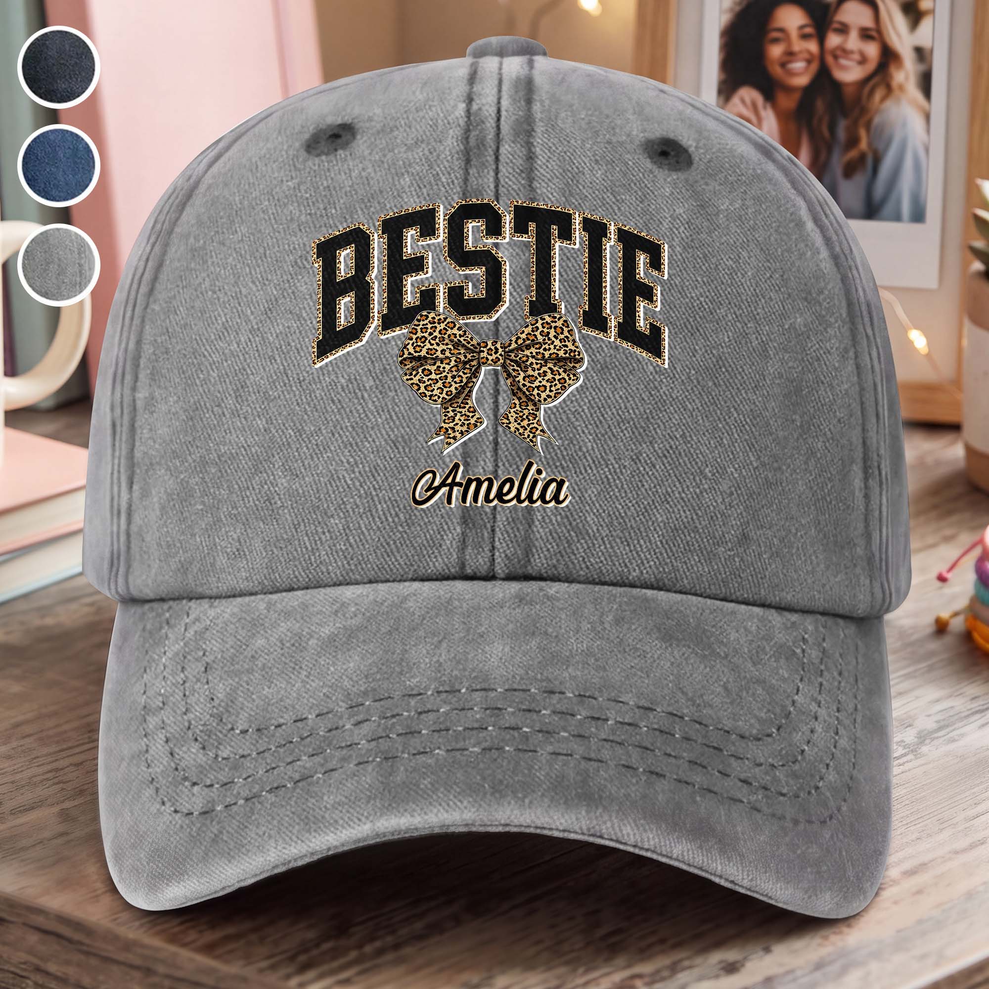 Personalized Leopard Print Bow Washed Denim Cap for Besties Washed Denim Cap GradoCreations
