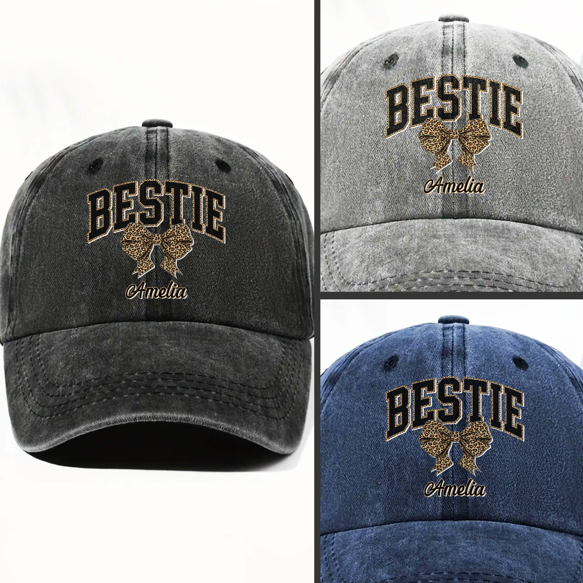 Personalized Leopard Print Bow Washed Denim Cap for Besties Washed Denim Cap GradoCreations
