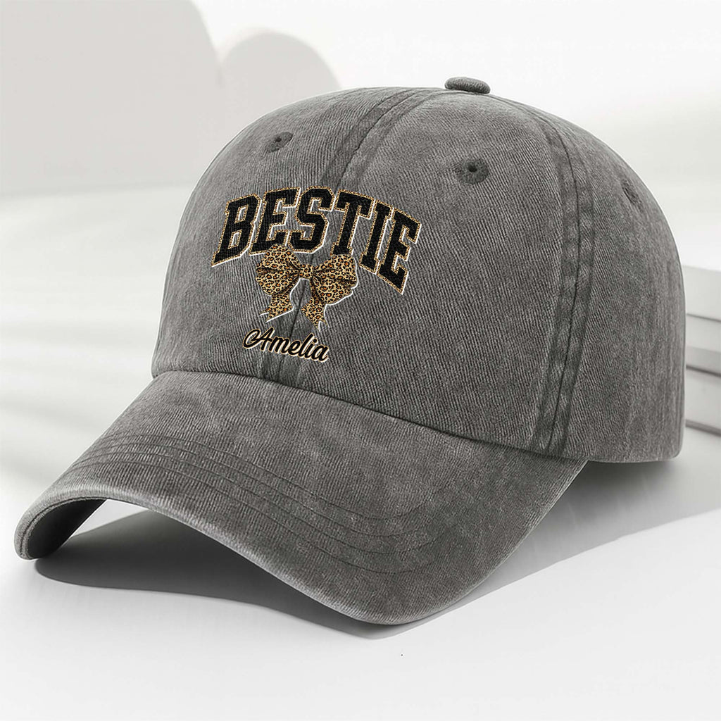Personalized Leopard Print Bow Washed Denim Cap for Besties Washed Denim Cap GradoCreations