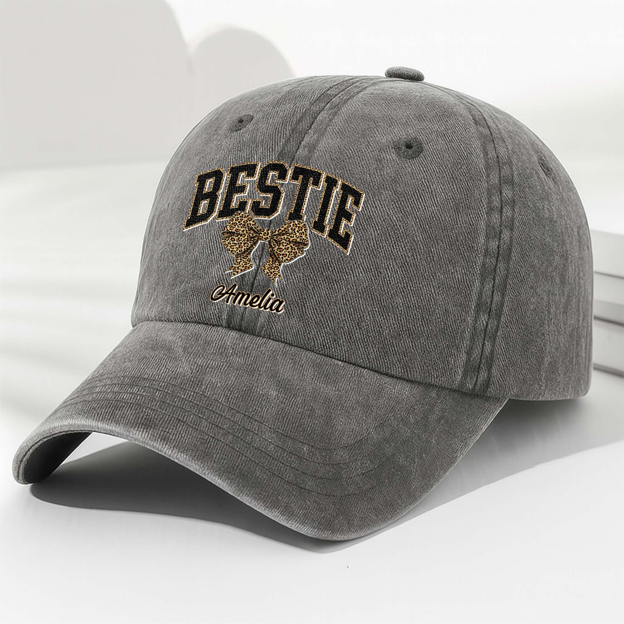 Personalized Leopard Print Bow Washed Denim Cap for Besties Washed Denim Cap GradoCreations