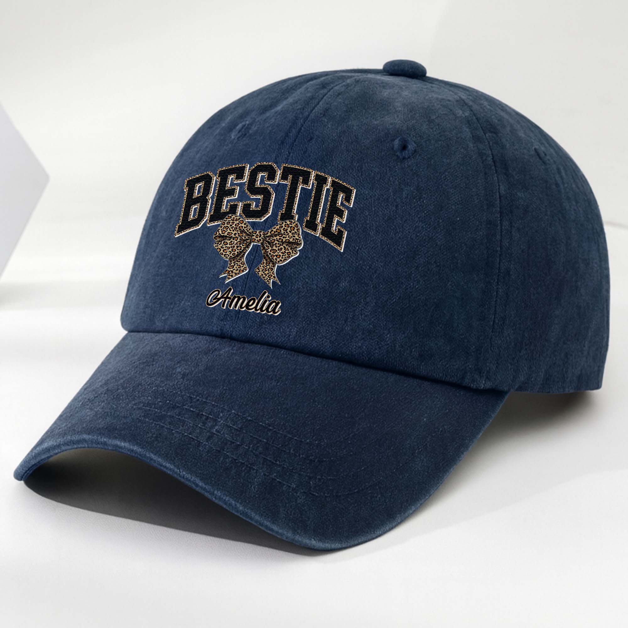 Personalized Leopard Print Bow Washed Denim Cap for Besties Washed Denim Cap GradoCreations